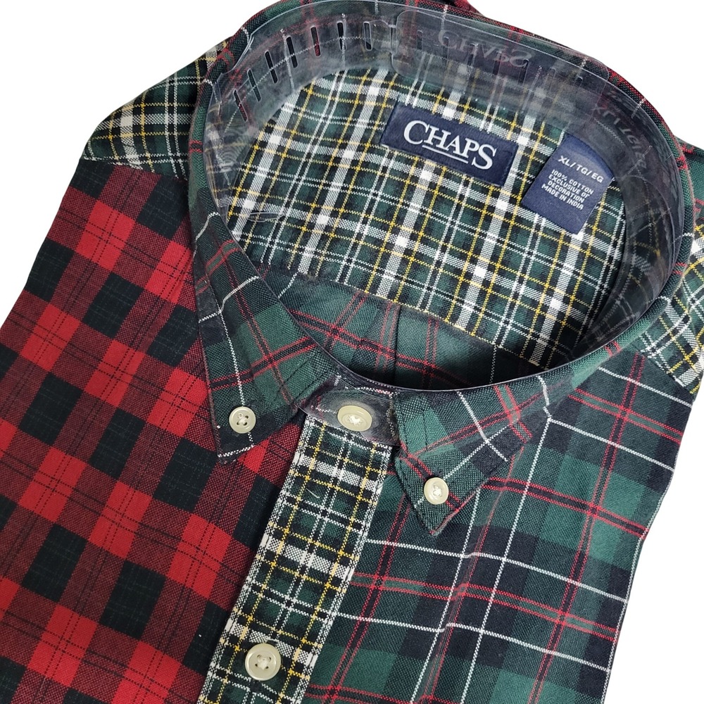 Chaps Mens XL Patchwork Plaid Button Down Shirt Multi Color Tartan Cotton